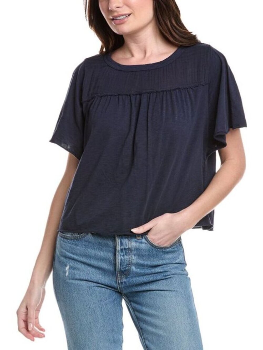 Michael Stars (S) Navy Blue Cotton Crissy Crew Flutter Sleeve Boxy Flow Tee